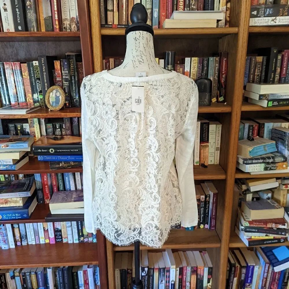 Cabi Sophia White Long Sleeve Sheer Lace Back Crew Neck Light Sweater Sz S Nwt